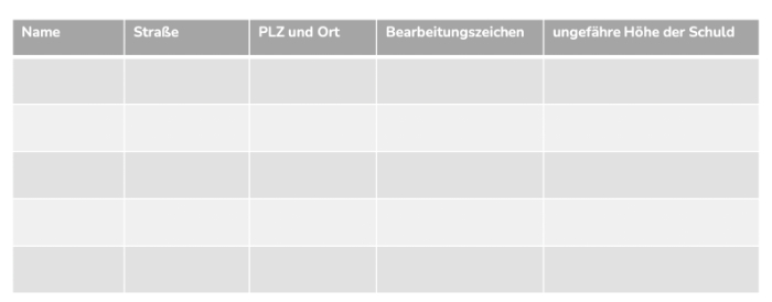 Tabelle Vorlage für Gläubigerverzeichnis